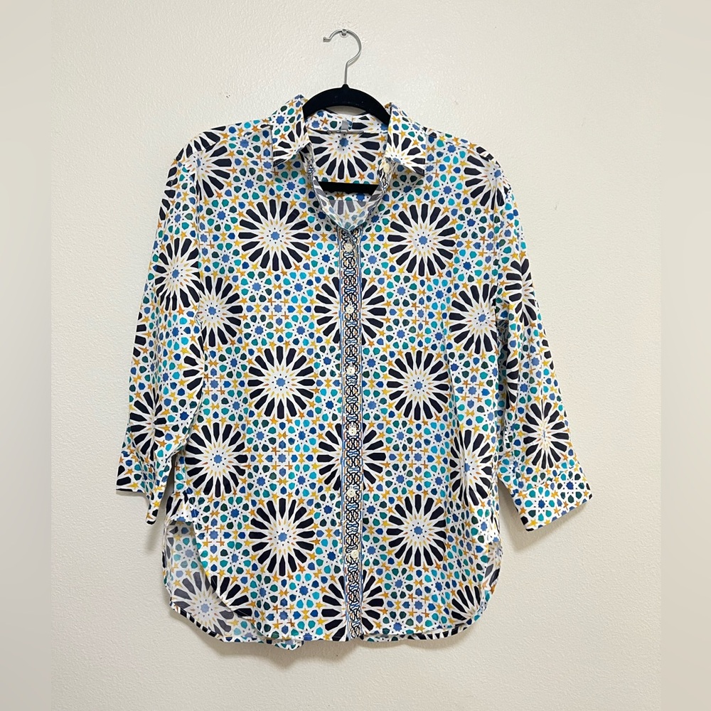 Hinson Wu Women's Blue Floral Mosaic Button-Down Shirt